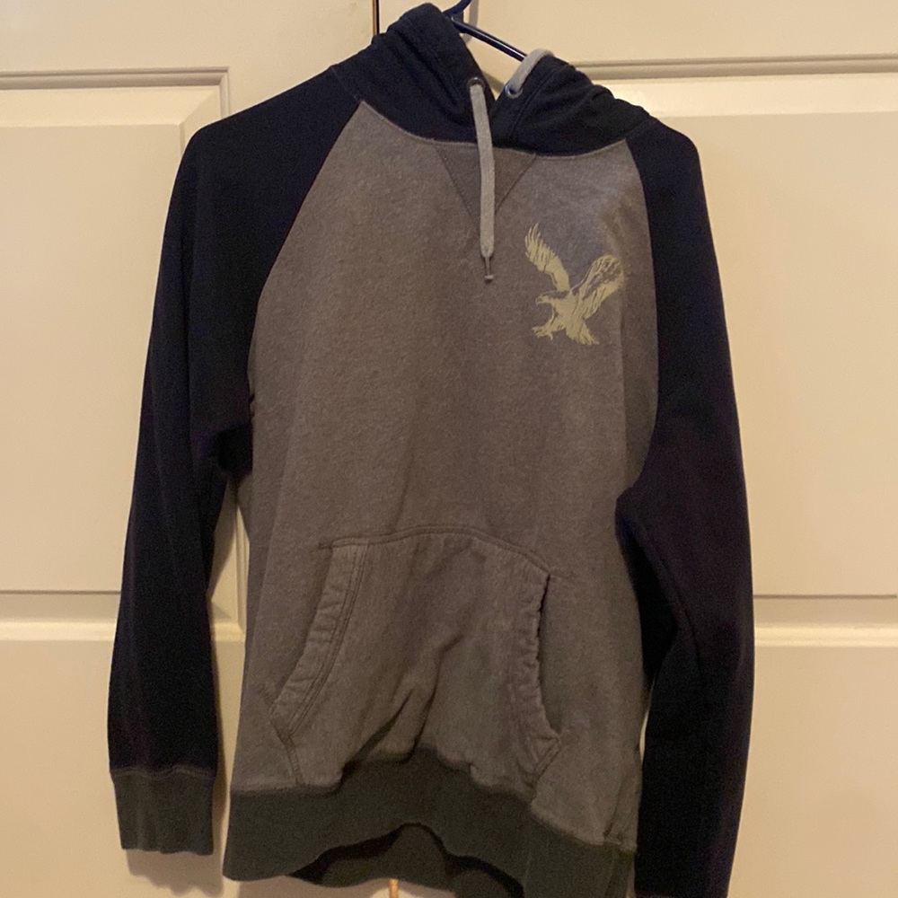 Medium American Eagle VINTAGE Hoodie Blue and Grey